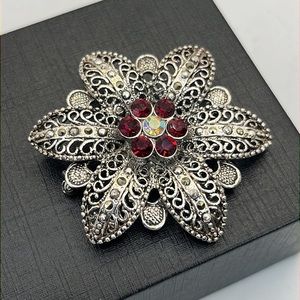 VTG 80's Sun Passion Crystal Brooch Silver Red Yellow Flower 2"